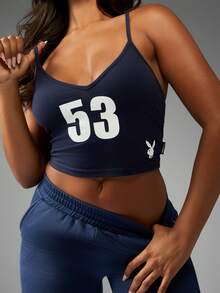 Missguided x Playboy Cropped Cami Tank Top Cross Back Design V Neck Athletic Number Print Workout Slim Fit Summer Spring Casual Streetwear Loungewear - Royal Blue - View 4