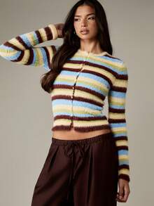 MISSGUIDED 女式复古 Y2K 蓬松针织开衫纽扣式毛绒马海毛条纹短款毛衣秋冬时尚长袖柔软舒适针织衫 - 彩色 - 查看 5