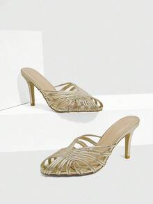 CUCCOO SZL 女士时尚金色编织高跟凉鞋，圣诞节必备 - 金色 - 查看 7