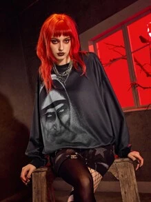 The Nun X SHEIN Áo nỉ dài tay cổ tròn in hình nhân vật phim kinh dị màu đen - màu đen - Xem 7