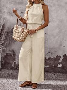 EMERY ROSE Summer Vacation Casual Solid Color Halter Jumpsuit - Apricot - View 3
