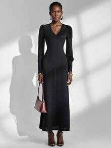Almamuse Women's Long Dress, Elegant & Graceful, Simple V-Neck Jacquard Black Dress Fall Cloth For Women - Black - View 3