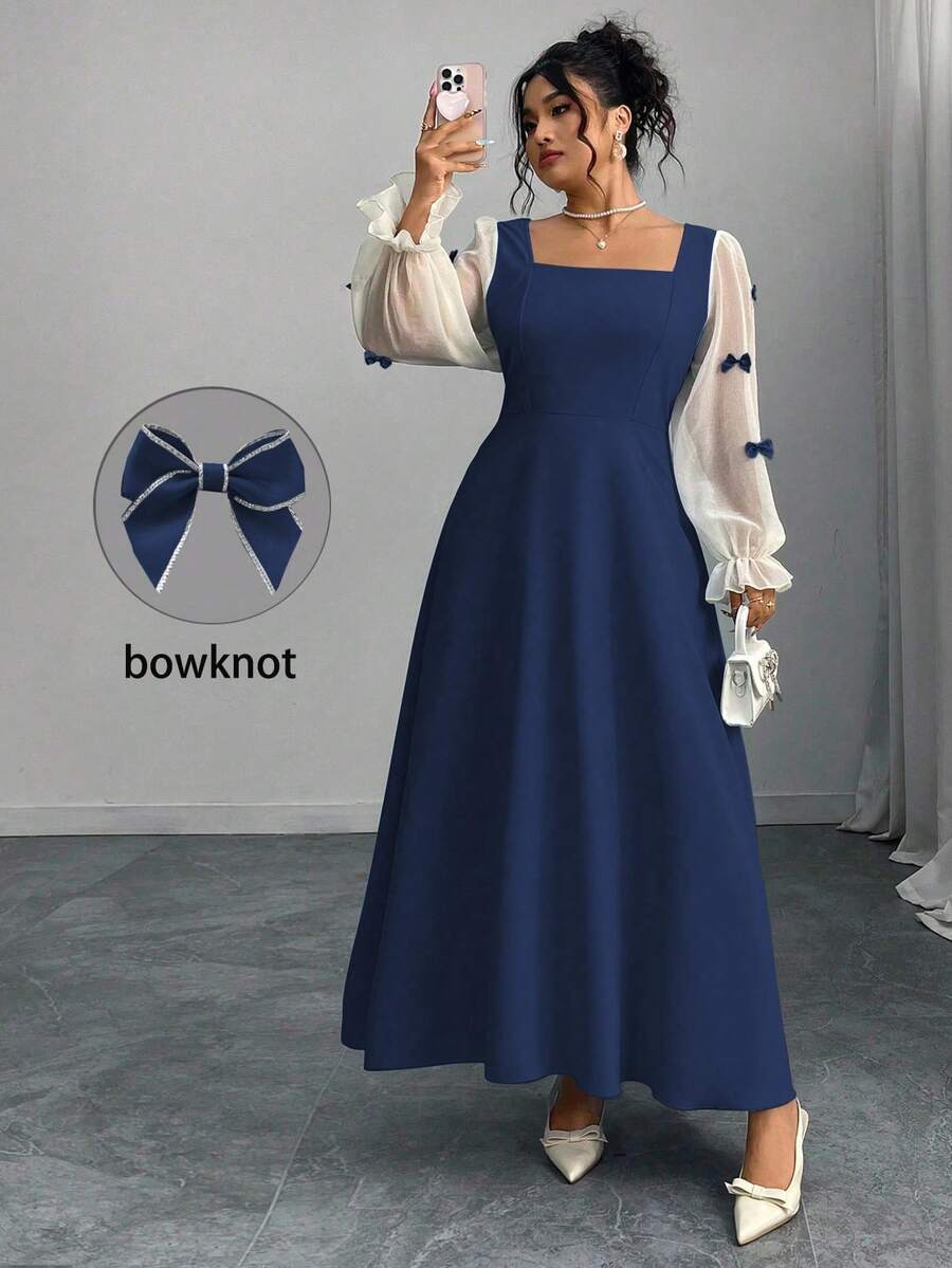 Modelyn Women's Plus Size Bow Decor Square Neck Long Sleeve Elegant Dress Fall Cloth For Women