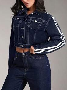 SHEIN Teen Girl Contrast Stitching Dark Blue Denim Loose Fit Turndown Collar Long Sleeve Jacket - Dark Wash - View 5