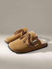 Solecia Giày đế bằng mũi tròn tua rua đính đá lấp lánh, khóa kép, thoải mái khi đi chơi, dự tiệc, đi làm, đa năng cho nữ - Lạc đà - Xem 2