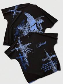 ROMWE MEN Goth 男式蝙蝠袖十字印花短袖T恤，万圣节，2000年代风格 - 黑色 - 查看 3