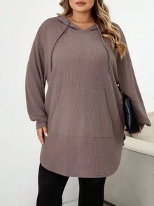 SHEIN CURVE+ Plus Size Solid Color Hooded Drawstring Asymmetrical Hem Sweatshirt Winter Fall Autumn/Autumn /Winter - Dusty Pink - View 4