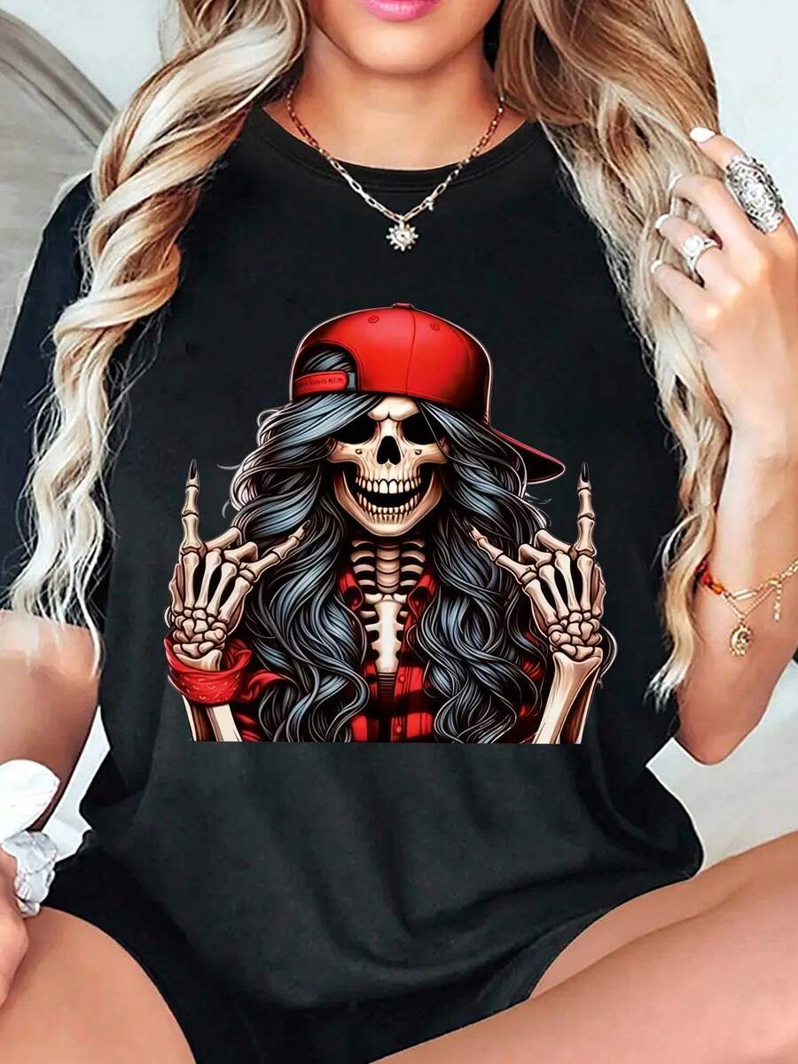 EMERY ROSE Halloween Skull Print Round-Neck T-Shirt, Spring And Summer Casual Short-Sleeved Top - Black - View 1