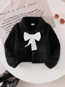 SHEIN 女童加厚毛领长袖可拆卸蝴蝶结冬季外套，时尚简约儿童短款开衫，秋冬款 - 黑色 - 查看 5