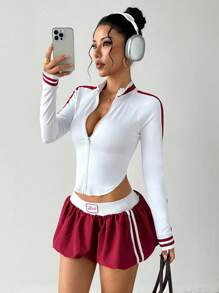 Dewbera 女式休闲运动撞色条纹拉链夹克 - 白色 - 查看 3