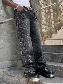 ROMWE MEN Street Life Men's Sparkling Diamond Loose Baggy Jeans - Black - View 1