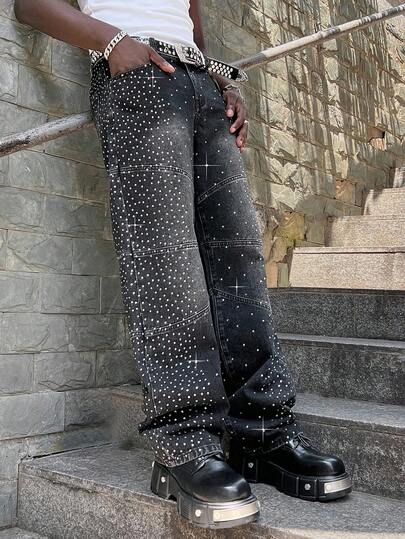 Street Life Jeans larghi e morbidi con diamanti scintillanti per uomo