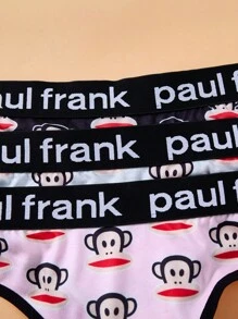 Paul Frank X SHEIN Tanga cómodo para mujer con estampado de mono y cinta con letras - Negro - Ver 4