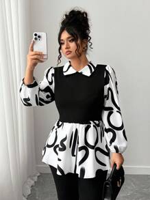 Elenzga Plus Size Fashionable Commuter Contrast Color Print Patchwork Shirt Fall Cloth For Women