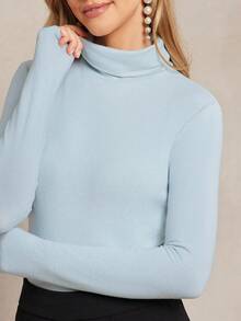 Amorya 女士优雅高领修身高品质羊绒混纺T恤，百搭日常上衣，女士长袖修身舒适上衣，长袖高领上衣，可爱上衣，可爱长袖上衣，女士长袖上衣，秋季女士长袖上衣，女士高领上衣，修身保暖上衣 - 藍色 - 查看 5