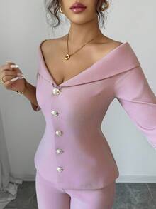 Elenzga Ținută elegantă de petrecere pentru femei, cu guler roz, din două piese, toamnă - Roz - Vizualizare 6