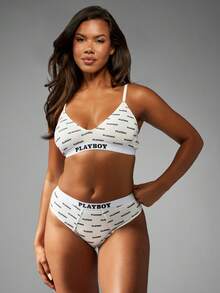 Missguided x Playboy 印花三角形文胸 V 领无线内衣弹力松紧带徽标印花可调节肩带休闲装 - 彩色 - 查看 3