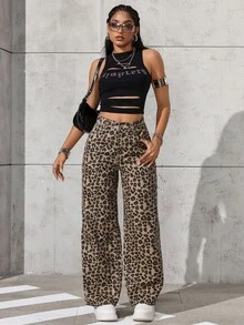 EMERY ROSE Women's Leopard Print Pocket Wide Leg Loose Casual Jeans Pants - Multicolor - View 3