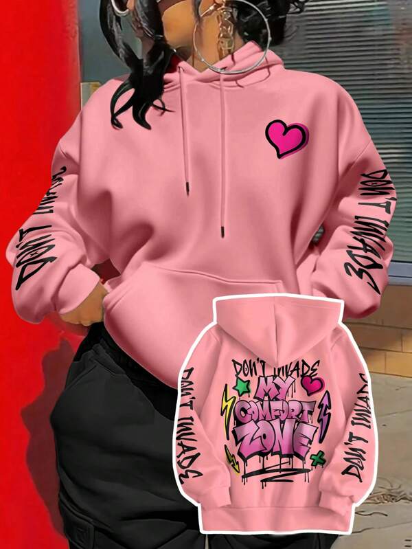Maweii Sudadera holgada de punto con capucha, estampado digital rosa, patrón creativo en inglés, estilo de moda casual para mujer de talla grande