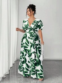 Elenzga Vestido elegante con cuello en V y estampado floral para mujer, primavera/verano - Verde - Ver 4