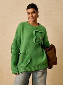 Travachic Women's Plus Fuzzy Crew Neck Green Long Sleeve Knitted Sweater, Fashion For Winter 2025 Fall - Green - View 6