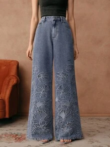 Anewsta Savoree 女士优雅高腰刺绣镂空阔腿宽松蓝色时尚牛仔裤，浪漫春日情人节 - 藍色 - 查看 5