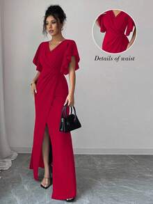 Elenzga 红色圣诞荷叶边袖V领腰部合身美人鱼下摆优雅浪漫女士连衣裙 - 紅色 - 查看 7