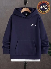 SHEIN Áo nỉ nam tuổi teen màu xanh hải quân phối màu tương phản, họa tiết nhỏ, phong cách thường ngày thoải mái, tối giản, đa năng, chất liệu mềm mại, phù hợp cho mặc hàng ngày, đi học, du lịch, thể thao ngoài trời, mùa thu/đông. Áo nỉ màu xanh hải quân cho tuổi teen, áo nỉ nam, áo nỉ cỡ tuổi teen cho nam giới. - Xanh đậm - Xem 5