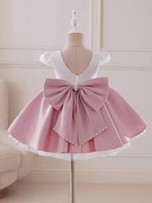 Glamorique Kids Baby Girls' White & Pink Satin Tulle Puff Skirt Dress, Beaded Back Bow Flower Girl Wedding Party Celebration Pageant Outfit, Infant Short Sleeve Dress Fall Winter