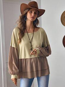 LanaWest Women's Western Casual Khaki Oversized Crew Neck Long Sleeve Gathered Fabric Contrast Patchwork Design Loose Sweatshirt Fall Cloth For Women