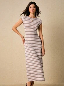 Poéselle 女士休闲条纹连衣裙，夏季 - 卡其色 - 查看 6