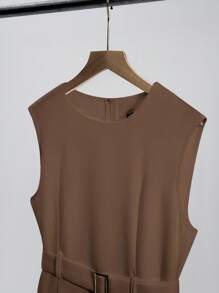 Franclia Elegant French Style Minimalist Daily Versatile Round Neck Sleeveless Cinched Waist Waist Pleated Hem Dress, Non-Stretch Woven White Dress, Business Casual Women's Clothing, White Graduation Dress, Pleated Dress, Graceful White Dress