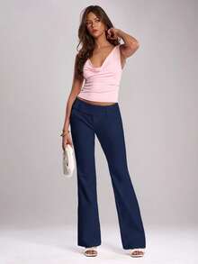 SHEIN BAE Spring Women's White Mid-Rise Flare Pants, Suitable For Music Festivals, Parties, Daily Outings, Celebrations, Street Activities, Festival Outfits, Summer Clothes, Rave Outfits,Fall - Navy Blue - View 4