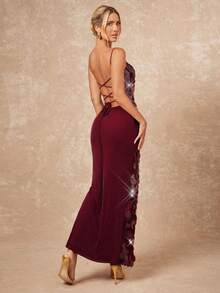 Lumalex Vestido ajustado con lentejuelas y espalda descubierta con tirantes finos para mujer