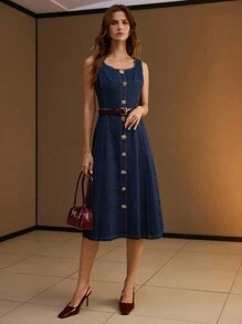 MOTF PREMIUM 优雅休闲通勤金属纽扣腰牛仔中长连衣裙 - 藍色 - 查看 5