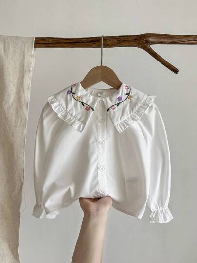 LMoss Kids LMoss 女童编织休闲花卉刺绣彼得潘领衬衫，适合返校季秋冬季校服穿着