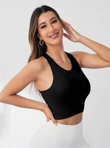 Eassivo Eassivo 高弹力无缝纯色无袖运动 T 恤和背心女式修身衬衫 - 黑色 - 查看 6