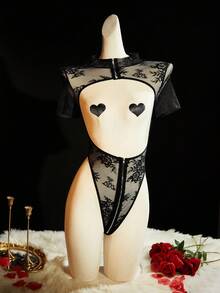 SpicyHot Bộ đồ lót 2 mảnh ren chắp vá cắt xẻ khóa kéo cực kỳ gợi cảm, Ngày lễ tình nhân, Đi chơi, Phong cách Baddie - màu đen - Xem 3