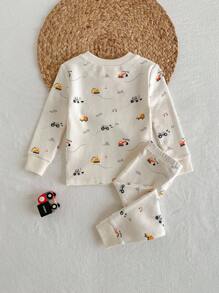 Loomiva 2 件套男婴舒适睡衣套装，卡通汽车印花柔软针织圆领长袖上衣和松紧腰长裤，舒适棉质幼儿睡衣，适合冬季