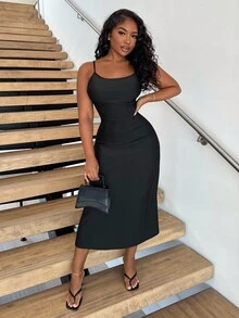 Alexandranx Elegant Solid Color Waisted Ruching Flared Hem Cami Dress,Summer Dresses For Women,Tea Party Dress - Black - View 6