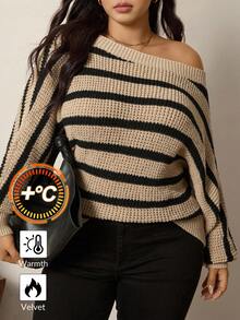 Zelara Striped Asymmetric Neck Loose Fit Plus Size Pullover Sweater Fall Clothes For Women Women's Winter Sweater Women's Winter Clothes Winter Clothes Going Out Tops Going Out Outfit Female Country Look Brown Sweater Brown Top Brown Brown Sweater Winter Clothes For Women Women's Winter Sweater Thanksgiving Outfit For Women Casual Blouses For Women