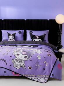 HELLO KITTY AND FRIENDS | SHEIN 3pc Cartoon Kuromi & Letter Print Bedding Set Suitable For Single Bed/Double Bed/Queen Bed/King Bed, Dormitory/Home - Mauve Purple - View 4