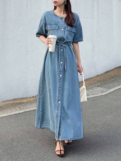 FRIFUL 女式深水洗蓝色短袖收腰口袋装饰缝线长裙，机场度假装