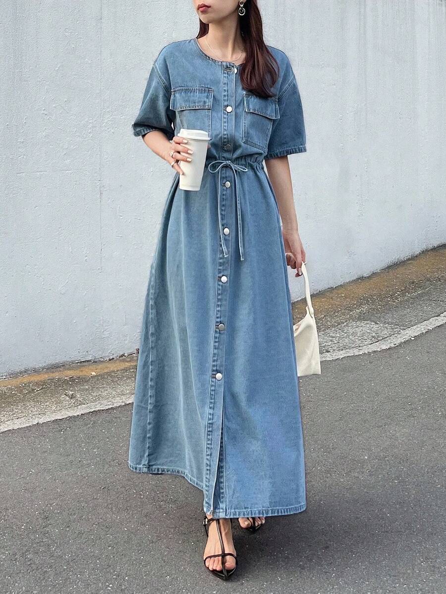FRIFUL 女式深水洗蓝色短袖收腰口袋装饰缝线长裙，机场度假装 - 藍色 - 查看 1