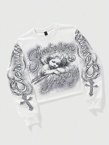 ROMWE MEN Goth Men's Letter & Cross Print Crew Neck White Long Sleeve Pullover Sweatshirt
