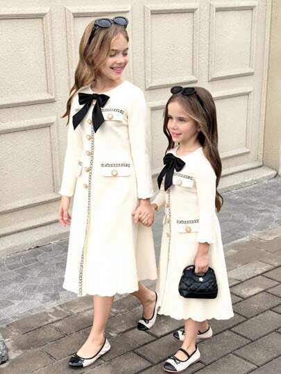 SHEIN Young Girl Elegant Ribbon Patchwork Contrast Bow Decor Long Sleeve Long Midi Dress, Back To School, For Events Girls Ivory Dress Girls Special Occasion Dress Girls Cream Dress Girls Long Sleeve Dress Girls Fall Dress Long Sleeve Girls Dress Winter