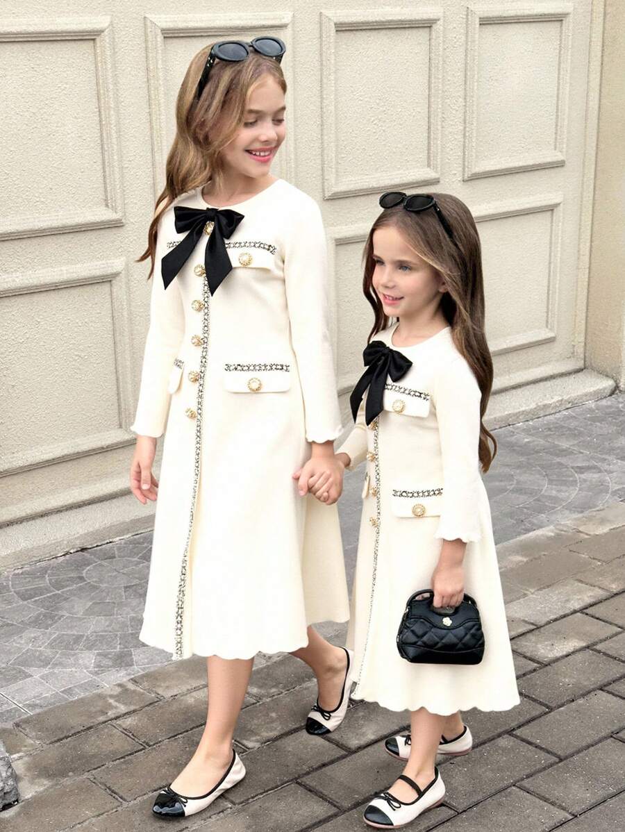 SHEIN Serisse Kids 年轻女孩优雅丝带拼布撞色蝴蝶结装饰长袖中长连衣裙，适合返校和活动 - 白色 - 查看 1