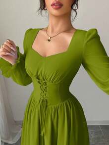 Modelyn 女士绿色长袖束腰中长连衣裙，优雅法式风格 - 綠色 - 查看 3