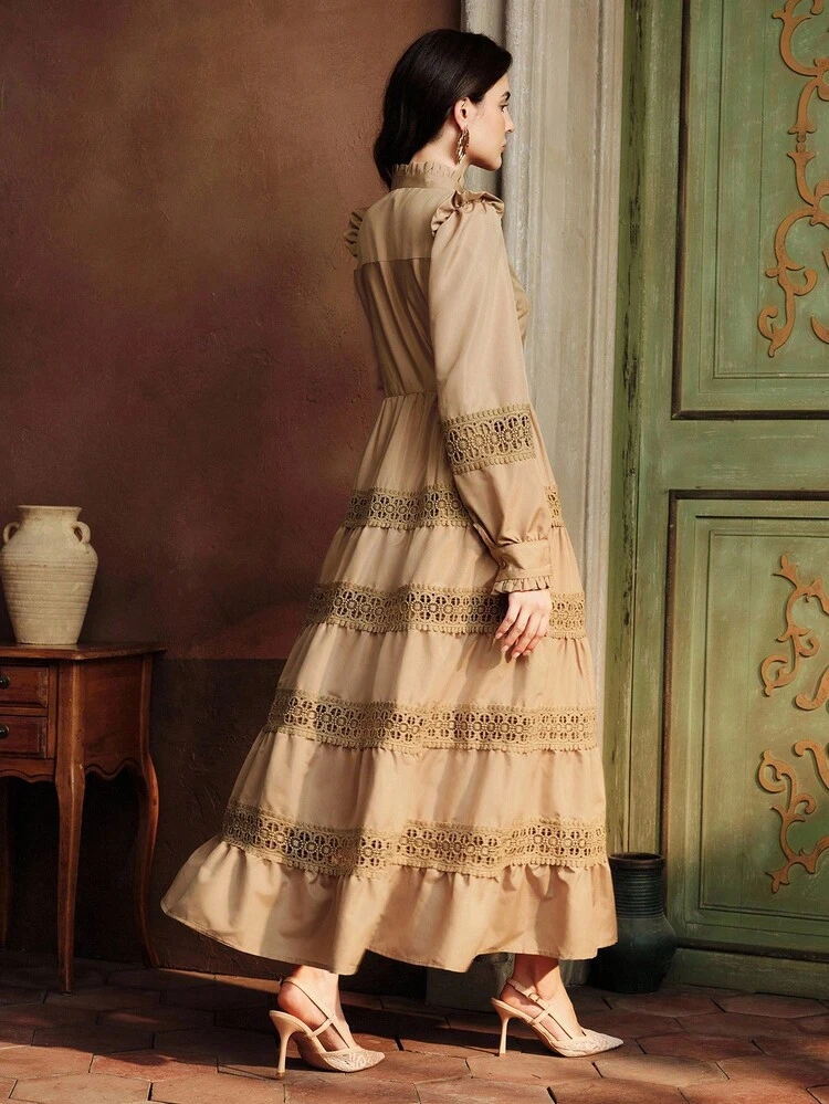 Women's Frill Collar Contrast Lace Long Sleeve Single-Breasted Elegant Dress