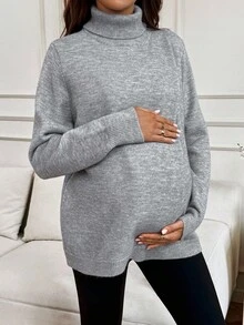 SHEIN Maternity Casual Solid Color Turtleneck Wrap Nursing Sweater, Autumn/Winter  Women's Sweater  Warm And Flannel - Grey - View 5